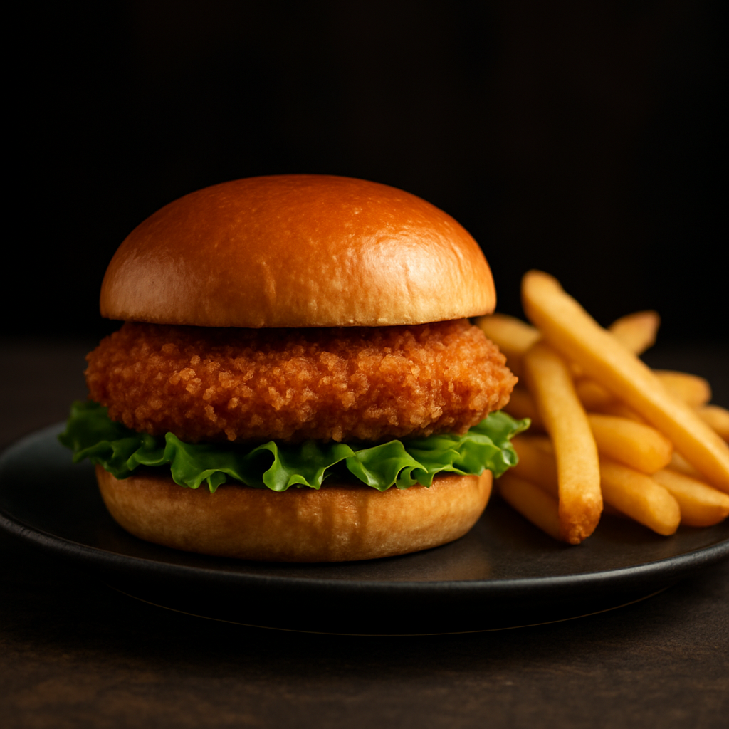 CHICKEN BURGER CU CARTOFI PRAJITI